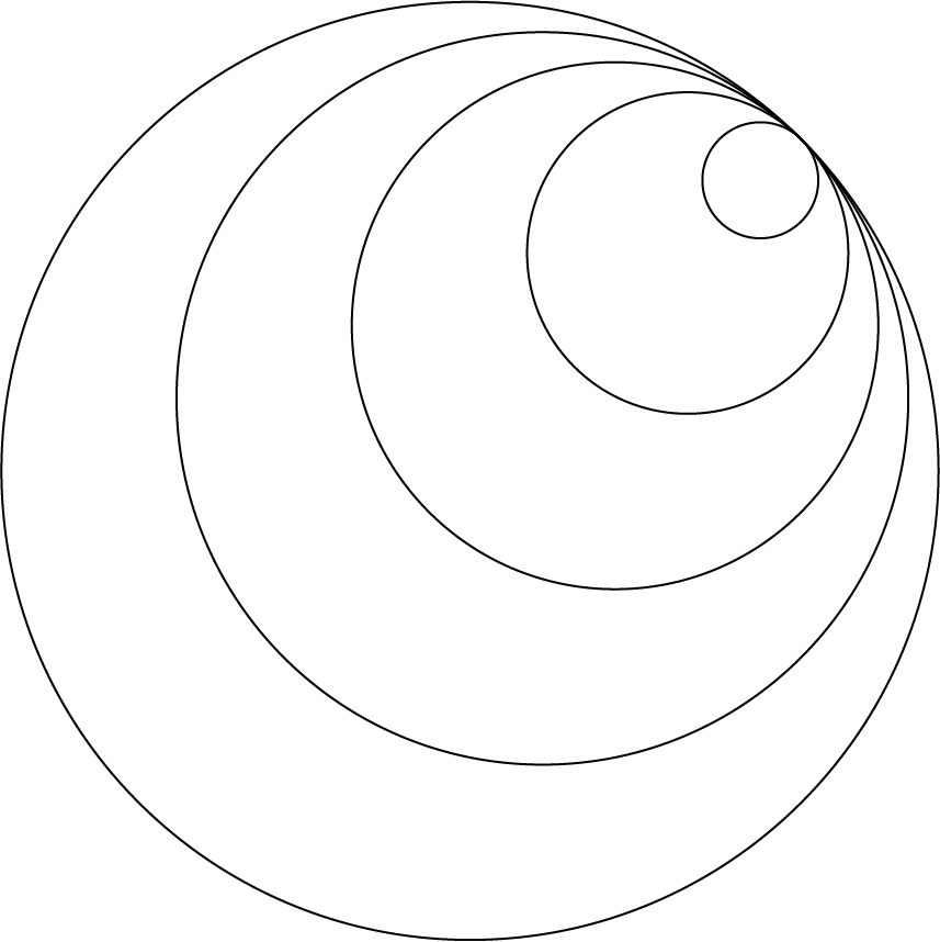 Five black concentric circles increasing in size and touching at one point on a white background.