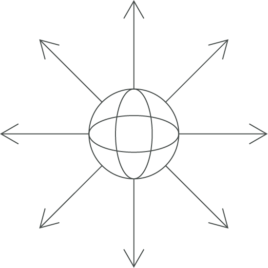 Sphere with eight arrows pointing outward in multiple directions.