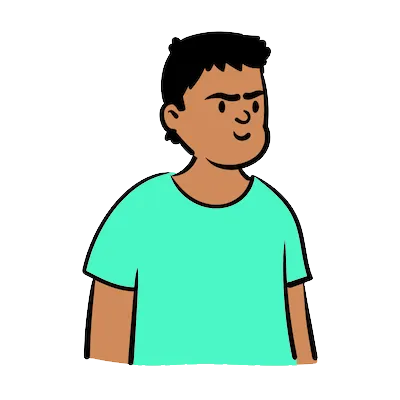 Cartoon illustration of a man with short black hair wearing a turquoise shirt and a determined expression.