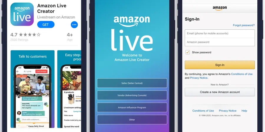 amazon live app interface pages