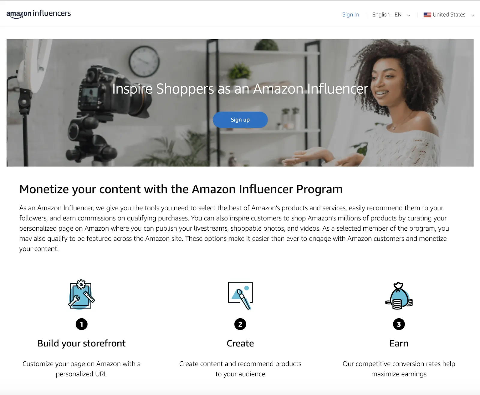 sign up page of amazon influencers