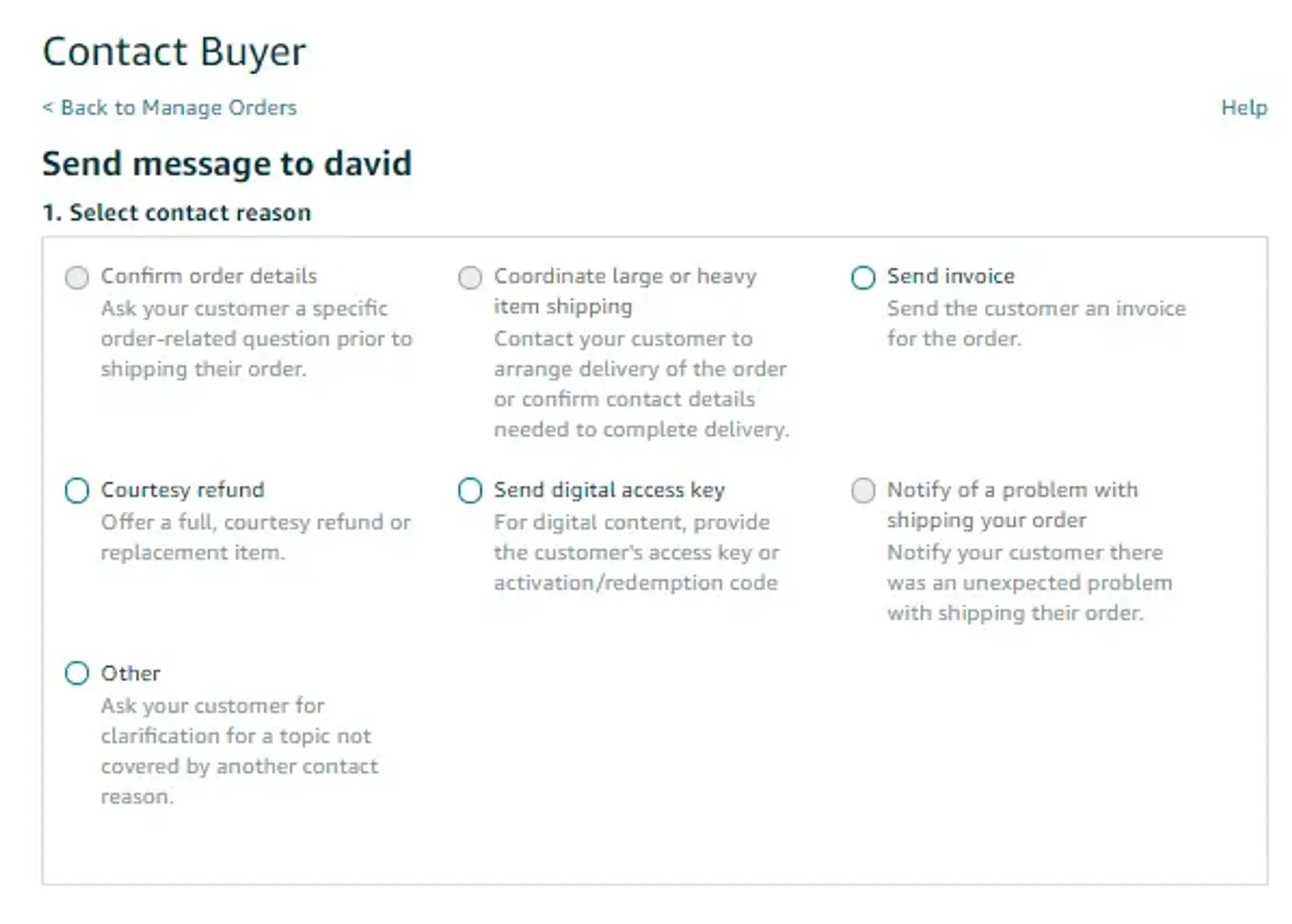 contact buyer via amazon and select contact reason