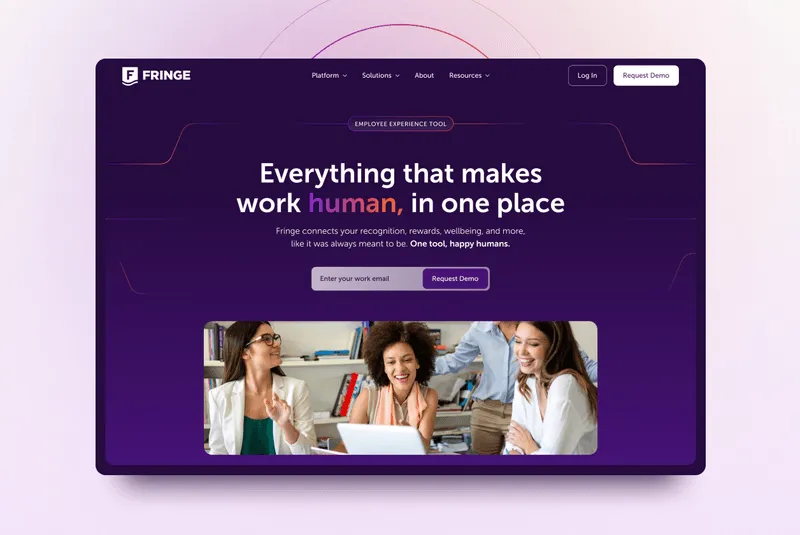 Comparison of Fringe website before and after redesign, showing improved user interface with a darker theme and a focus on human-centered employee experience.