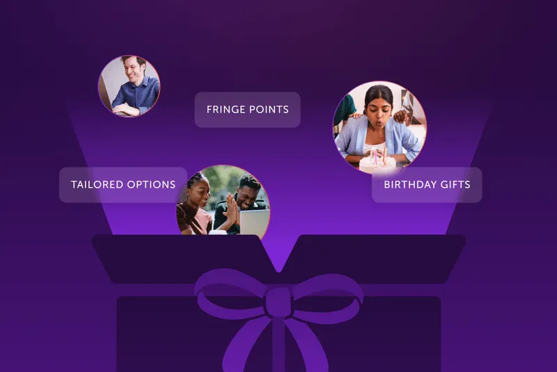Website homepage for Fringe featuring a banner with text about an employee experience tool and an image of three diverse smiling coworkers interacting at a desk with a laptop.