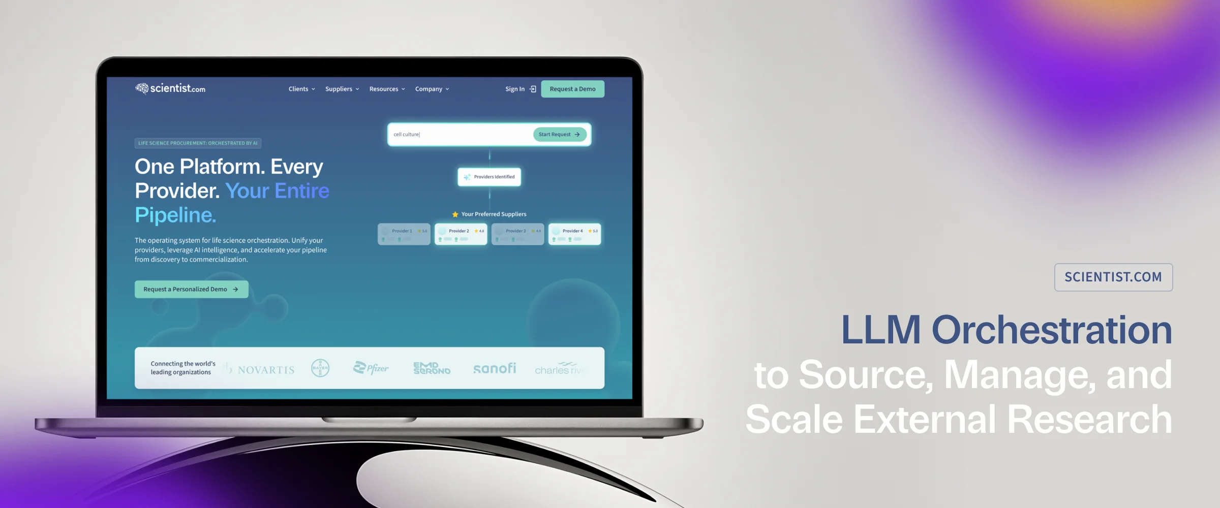 Laptop mockup of the new Scientist.com homepage with the headline 'One Platform. Every Provider. Your Entire Pipeline.' and a live AI supplier-matching search box