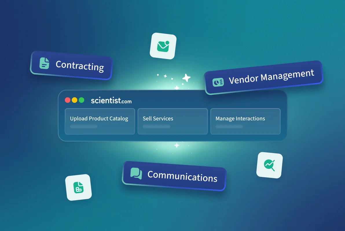 Browser window mockup of the Scientist.com supplier dashboard showing Contracting, Vendor Management, Communications, Upload Product Catalog, Sell Services, and Manage Interactions tiles