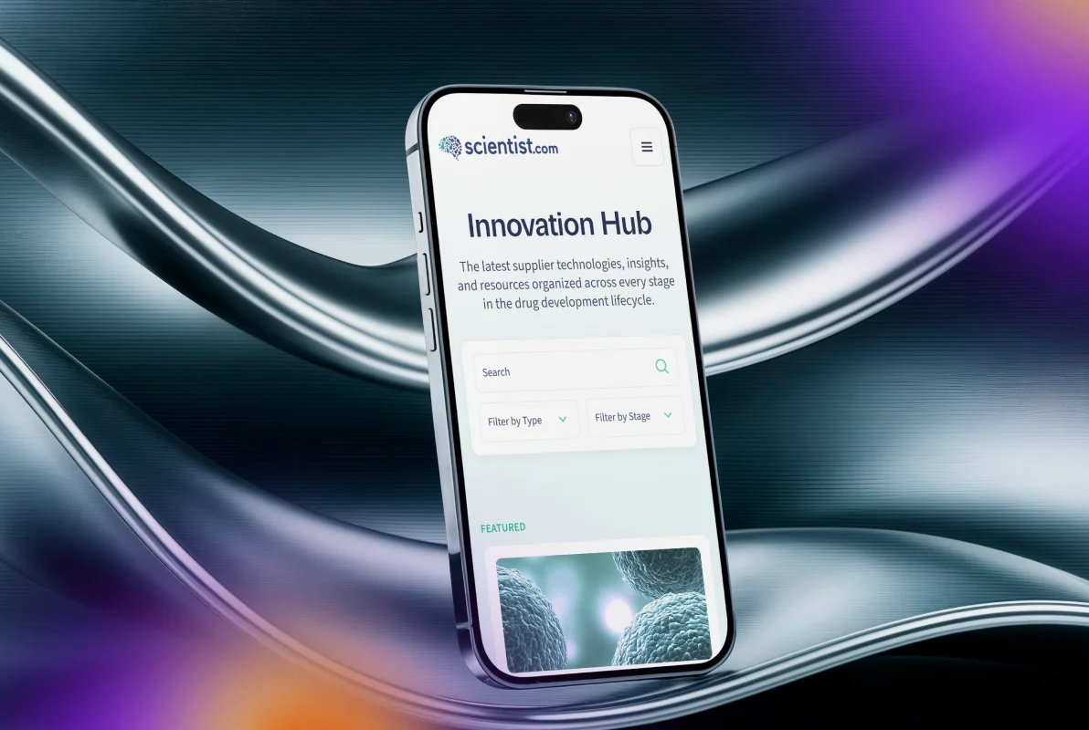 Mobile phone mockup of the new Scientist.com 'Innovation Hub' resource page with search, filters, and a featured article