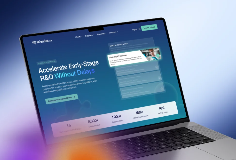 Scientist.com website, consolidated from four source properties into one Webflow site