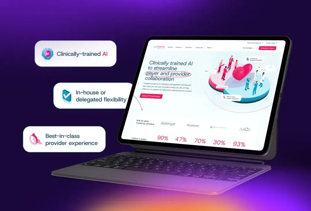 Cohere Health website on a laptop, redesigned and migrated from WordPress to Webflow