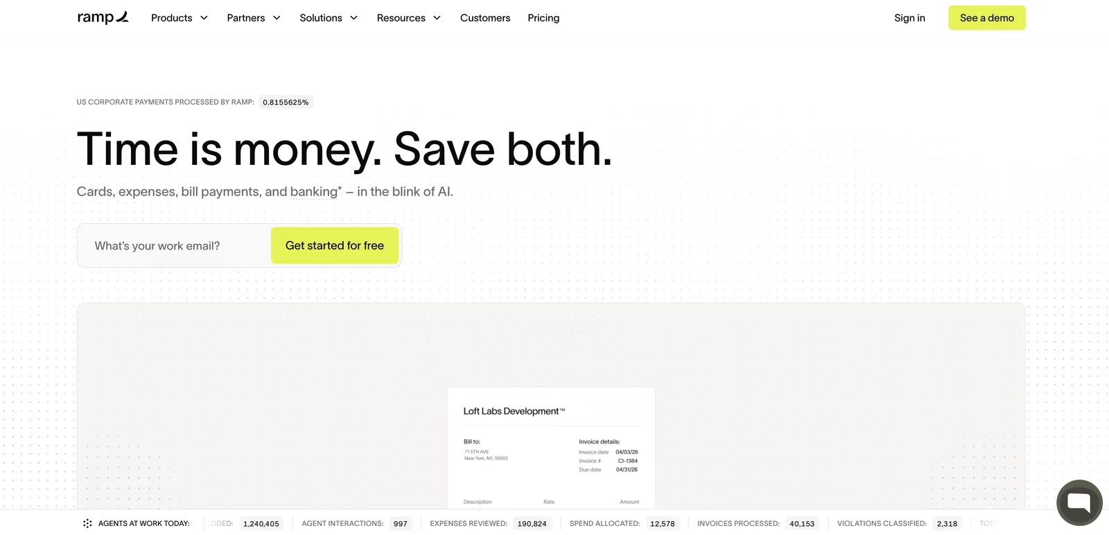 Ramp homepage with bold branding and ROI-focused messaging