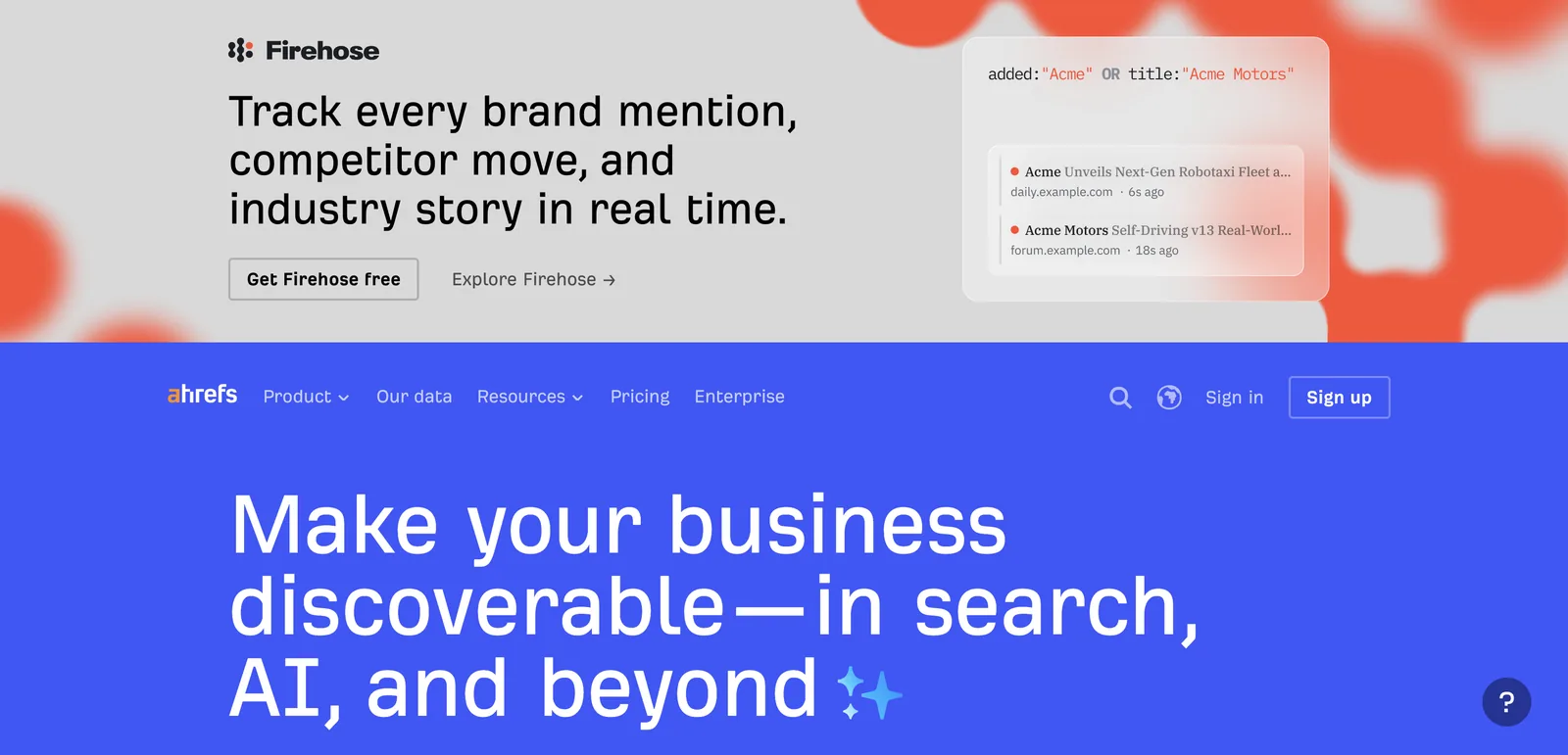 Ahrefs homepage highlighting free tools and transparent pricing