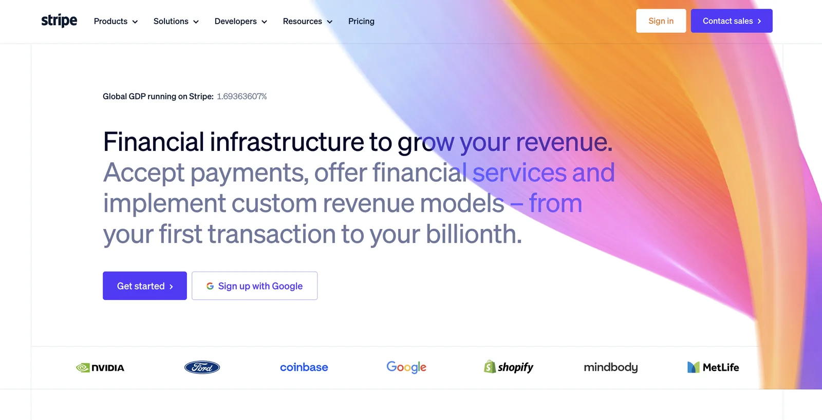 Stripe homepage showing separate navigation paths for developers and business buyers