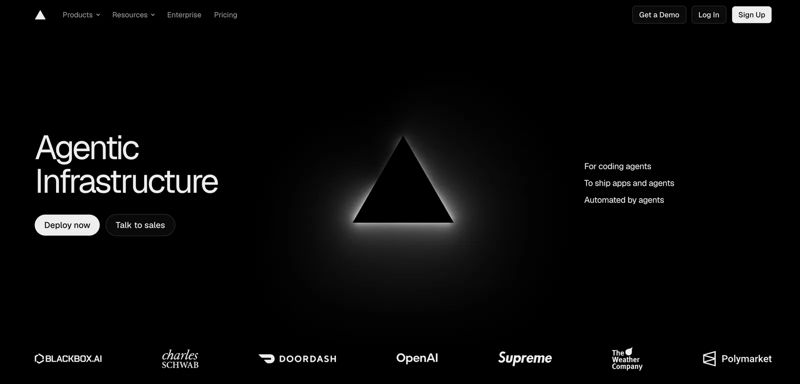 Vercel homepage with developer-first navigation and an interactive product demo