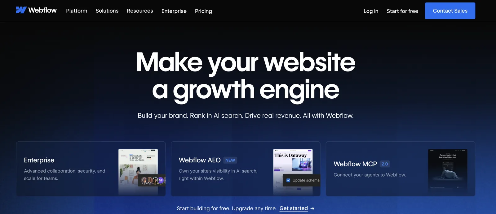 Webflow homepage routing designers, developers, and marketers into distinct navigation paths 