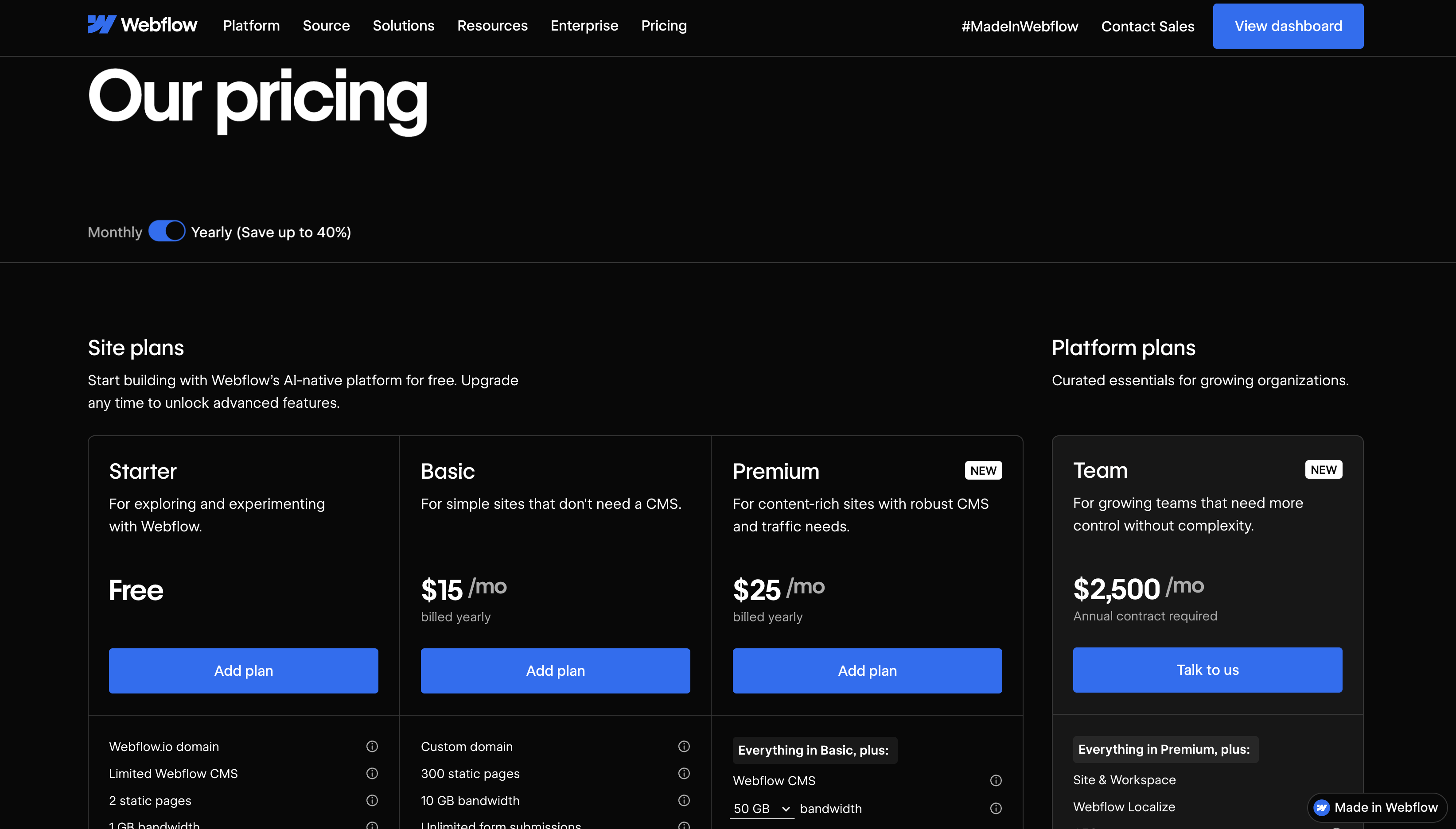 Webflow pricing page 2026
