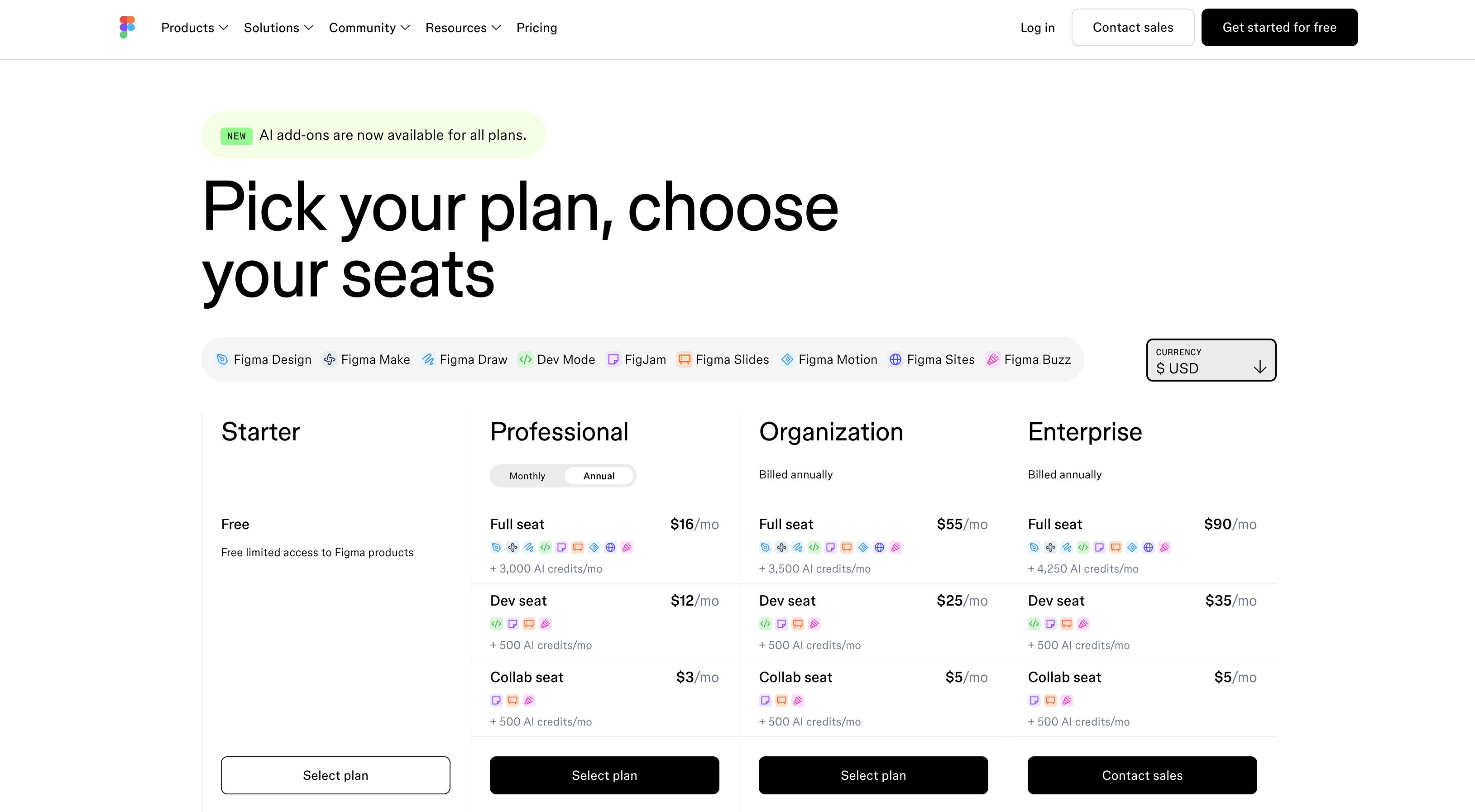 Figma pricing page 2026