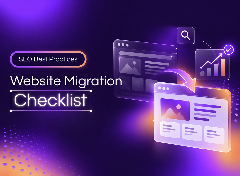 Website Migration Checklist thumbnail featuring glowing purple website mockups, a migration arrow, and SEO ranking icons on a dark purple gradient background.