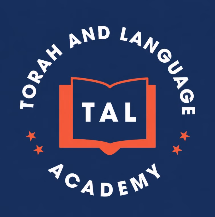 Open book icon with letters TAL inside, surrounded by text Torah and Language Academy in a circle.