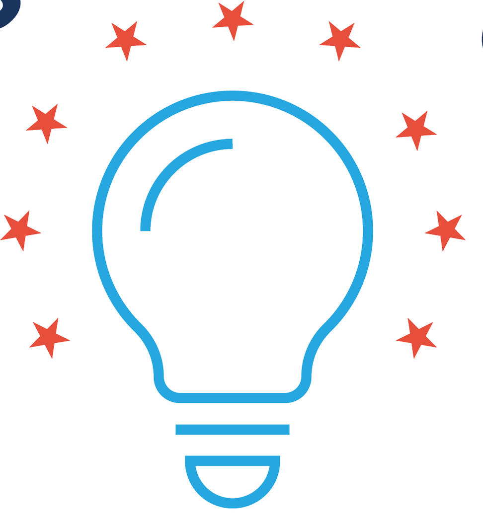Blue lightbulb icon with nine red stars arranged in a circle around it.