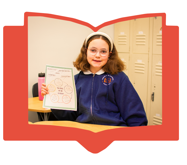 Girl in glasses and headband holds paper with 'The Cycle of U.V.E. Dying' diagram in classroom.