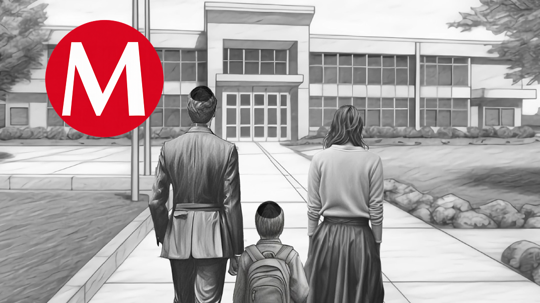 A man, child, and woman walking toward a school building with a large red M symbol in the sky.