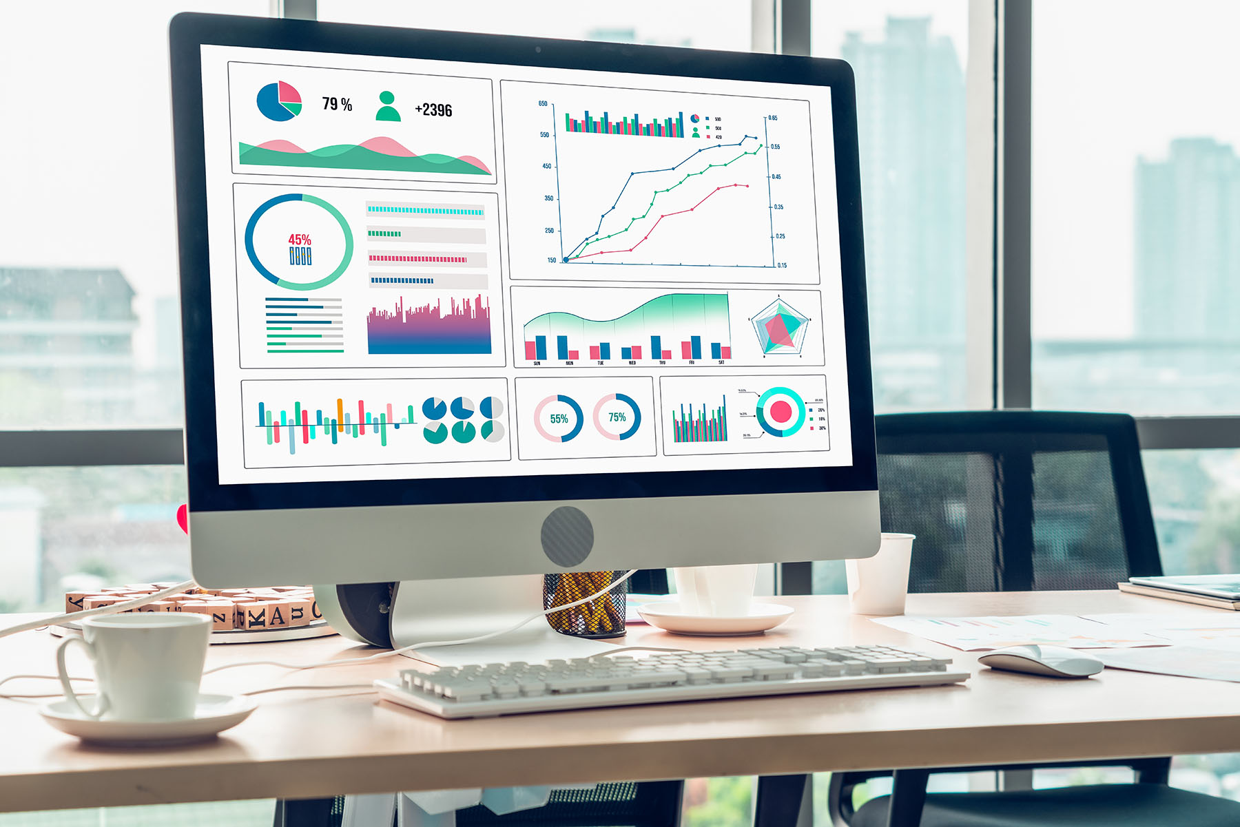 AI marketing tools dashboard on a desktop monitor in a Tampa office