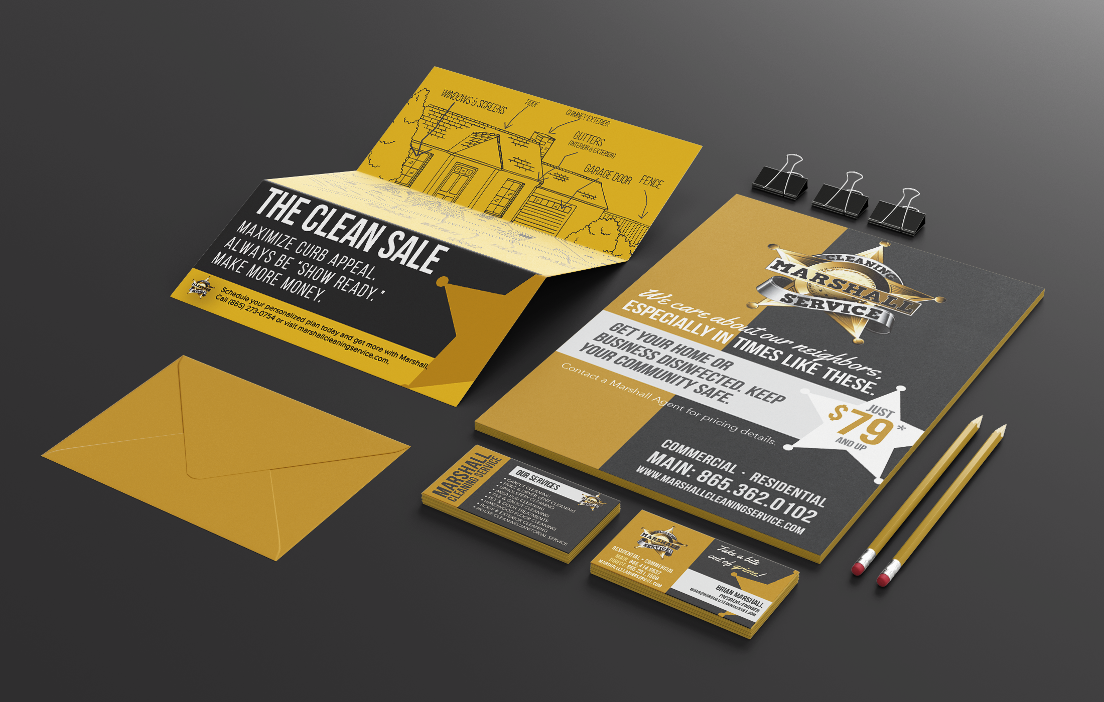 Stationery and direct-mail system: letterhead, mailer, envelope, business cards for Marshall Cleaning Service, designed by 42nd Street