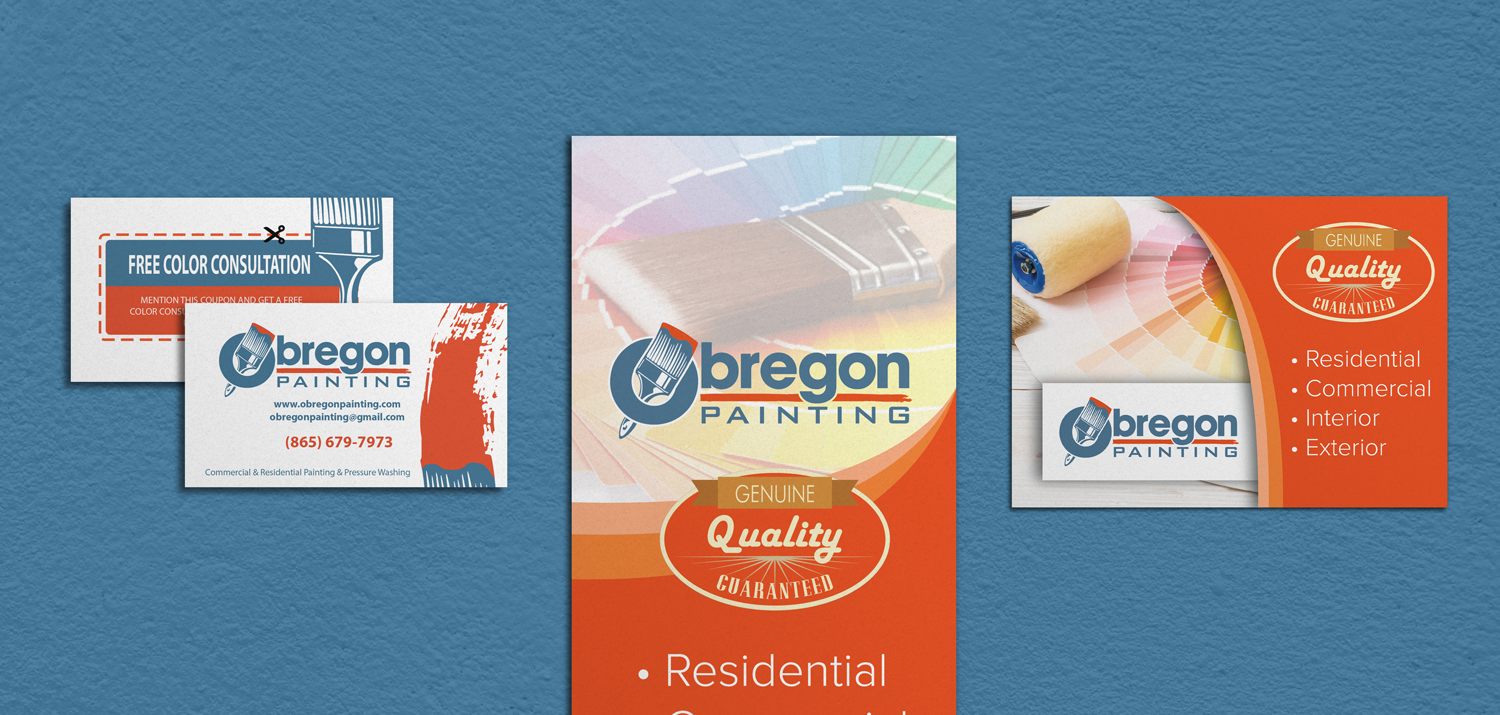 Painting contractor business cards, rack card and flyer for Obregon Painting, designed by 42nd Street