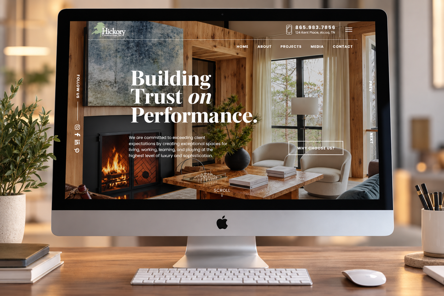 Custom home builder website, homepage hero for Hickory Construction, designed by 42nd Street