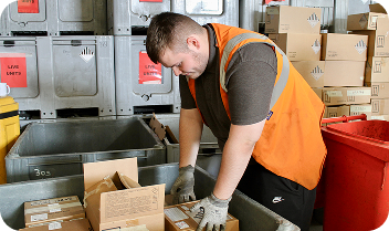 Warehouse worker wearing an orange vest sorting boxes into bins in a shipping area.
