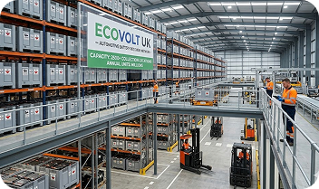 Warehouse with large battery storage units on racks and workers inspecting them.