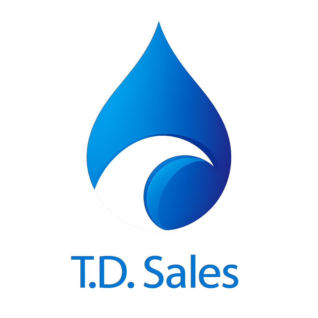 Blue glowing abstract droplet logo above text reading T.D. Sales on a dark background.