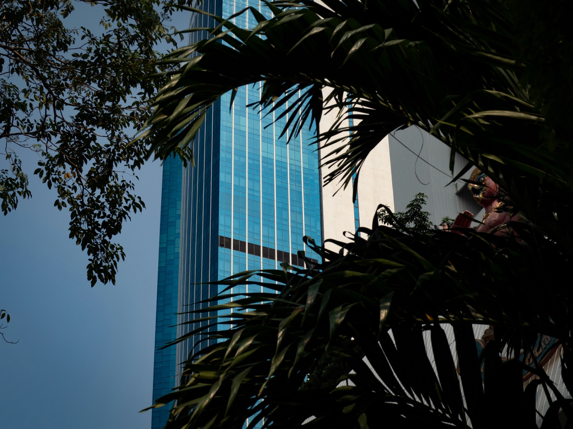 Blue glass skyscraper partly obscured by palm fronds and tree branches with a statue visible on the right.