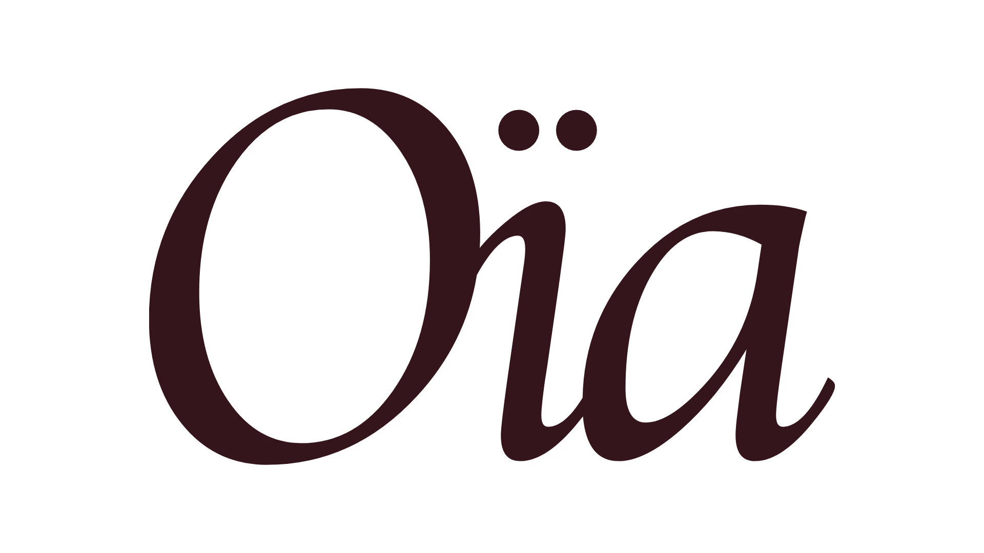 Mot stylisé "Oïa" en lettres noires cursives avec deux points au-dessus du i.