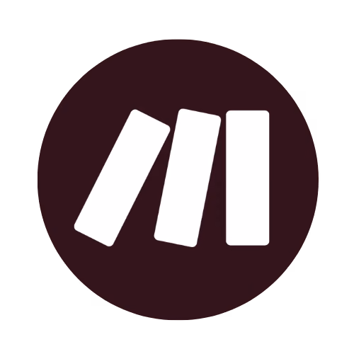 Logo Make blanc sur fond circulaire marron foncé.