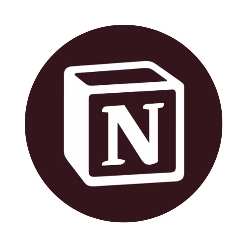 Logo Notion blanc sur fond circulaire marron foncé.