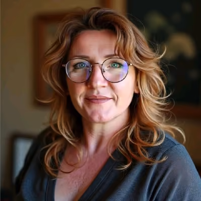 Portrait d'une femme aux cheveux roux ondulés et lunettes rondes souriant légèrement.