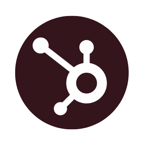 Logo HubSpot blanc sur fond circulaire marron foncé.