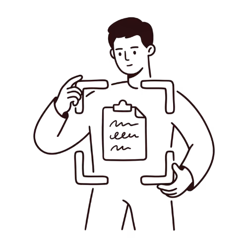 Dessin d'un homme tenant un clipboard avec du texte et des cadres autour de lui.