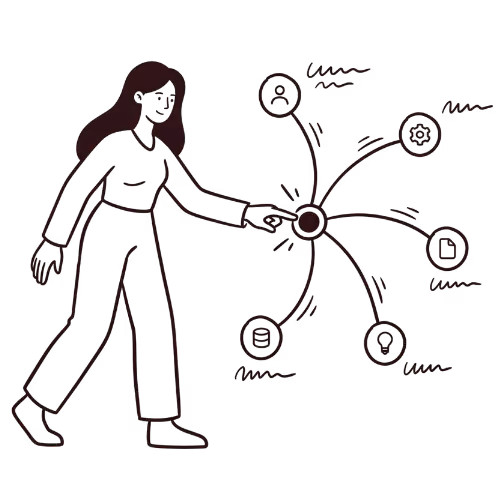 Dessin d'une femme interagissant avec un diagramme de réseau connecté par six nœuds.