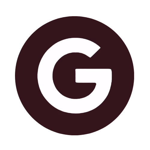 Logo Google blanc centré sur un cercle marron foncé.