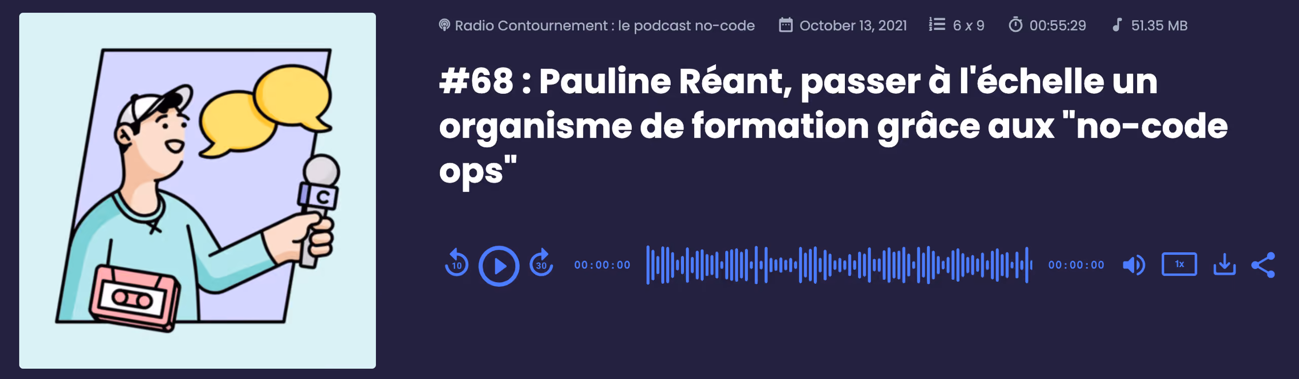 Illustration d'un homme avec micro et cassette, podcast #68 Pauline Réant sur no-code ops et formation.