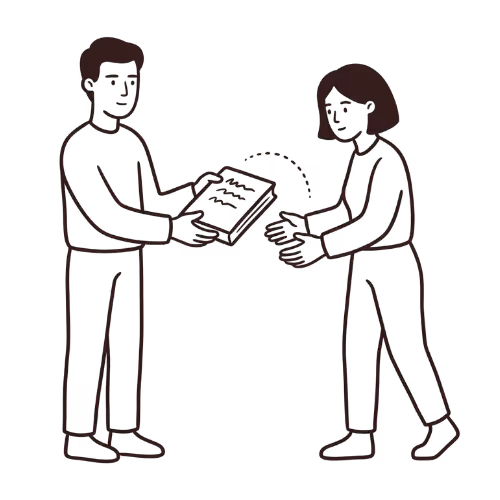Un homme tend une tablette numérique à une femme dans un simple dessin en ligne.