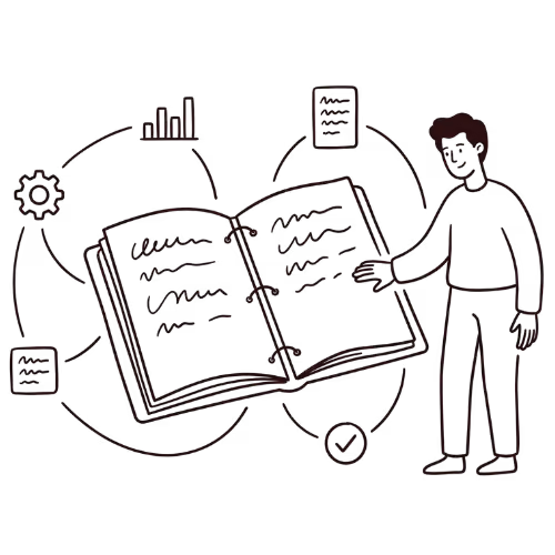 Dessin d'une personne pointant un grand cahier entouré d'icônes d'engrenage, graphique, texte et coche.