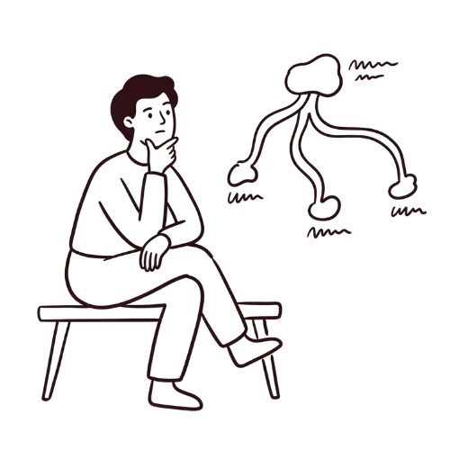 Person assis sur un banc, pensant, avec une forme nuageuse connectée à plusieurs points.