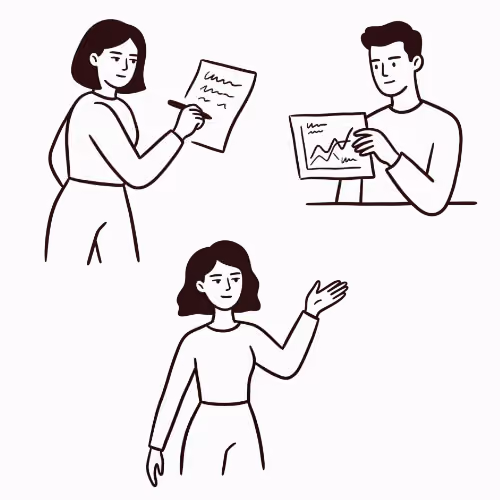 Trois personnes dessinées : une écrit sur papier, un homme montre un graphique, une femme fait un geste.