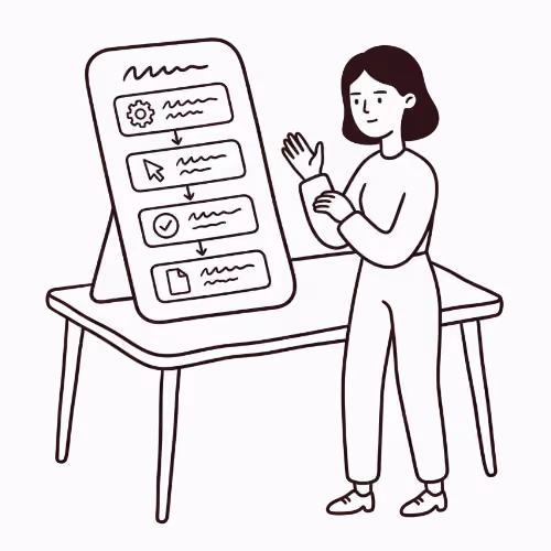 Personne montrant un tableau avec un diagramme de processus sur une table.