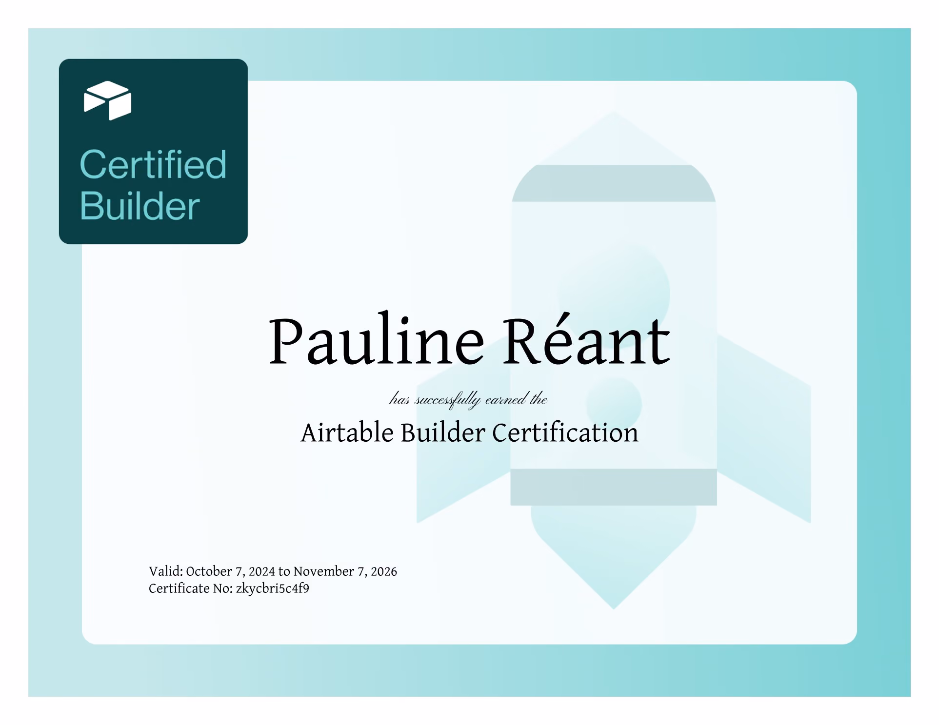 Certification Airtable Builder délivrée à Pauline Réant