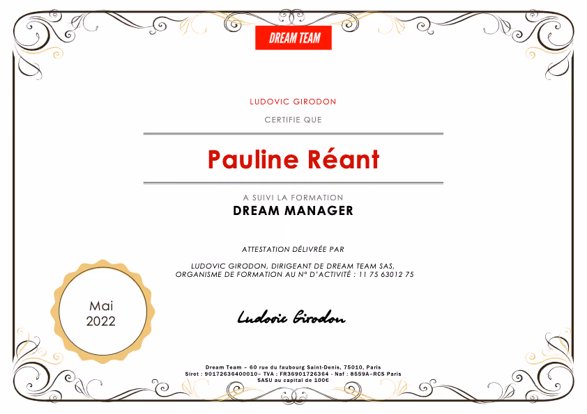 Certification de participation à la formation Dream Manager délivrée à Pauline Réant