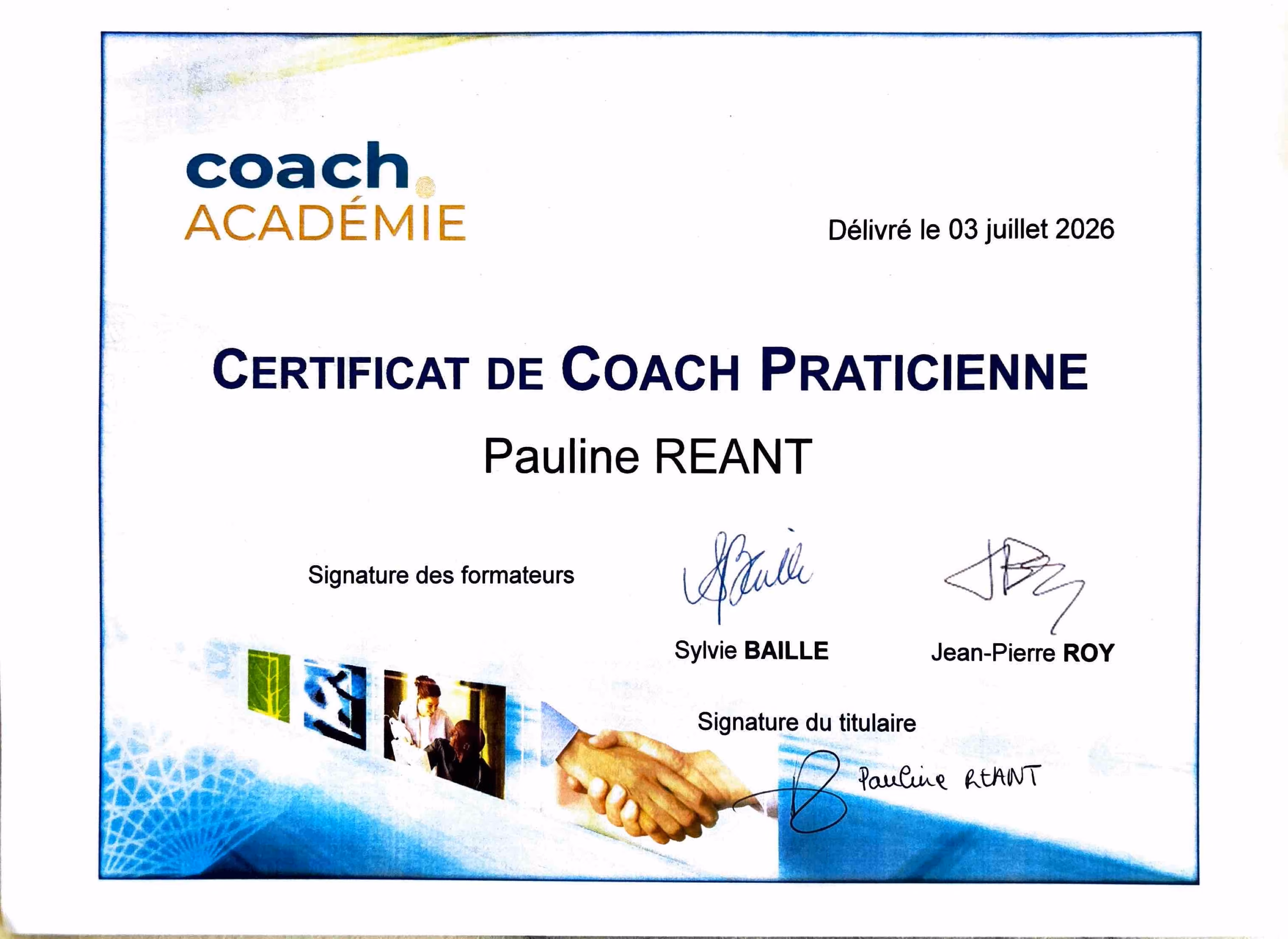 Certification de coach practicienne délivrée à Pauline Réant